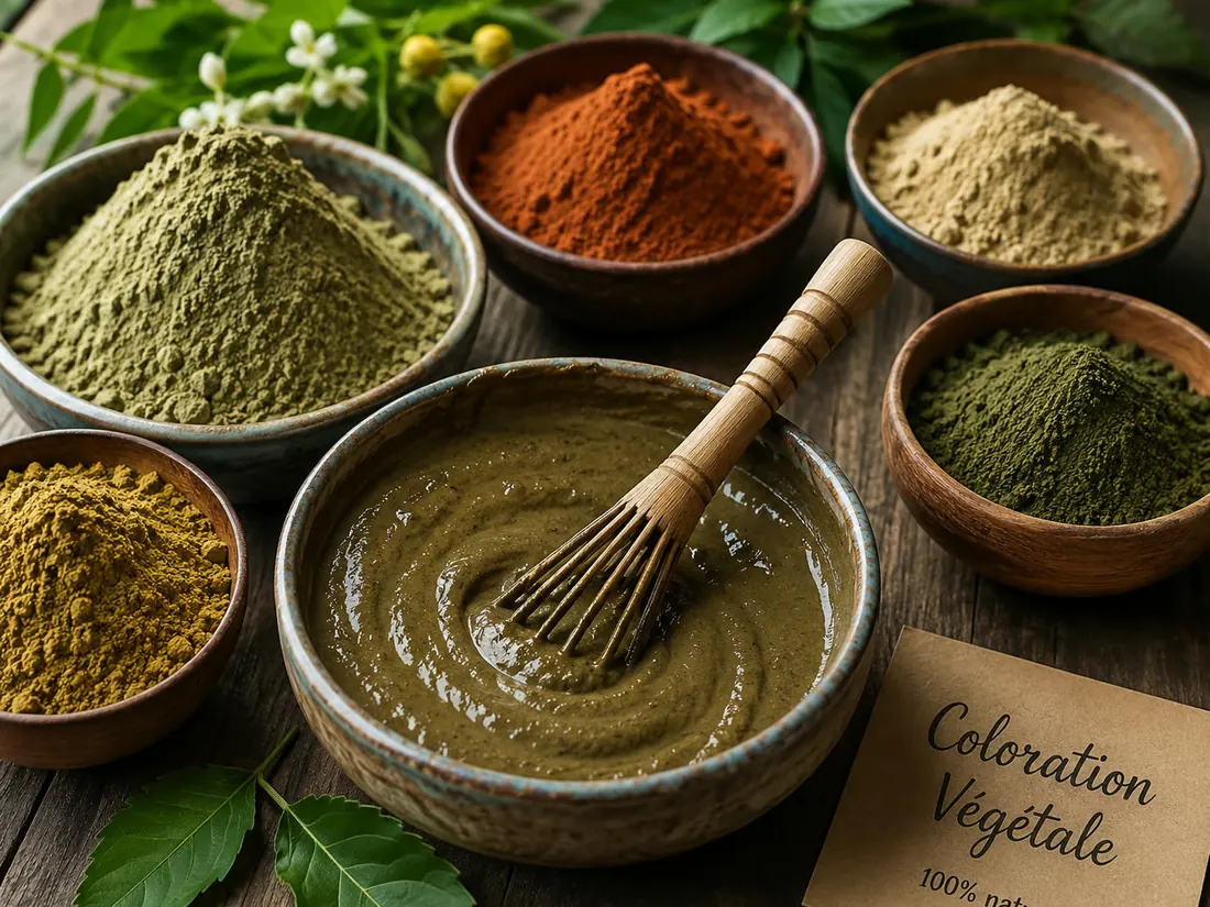 Poudres de plantes préparées pour une coloration végétale au salon Namasté à Calais